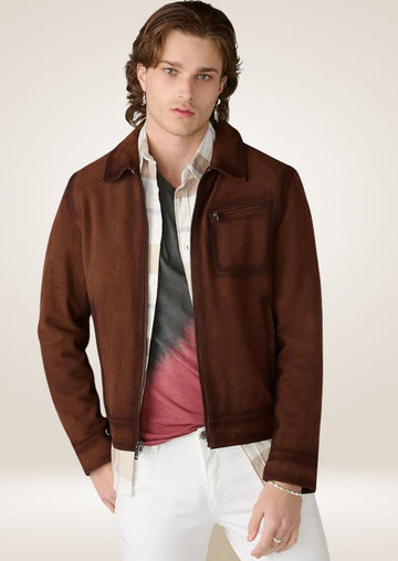Men’s chestnut suede racer jacket with front zipper closure