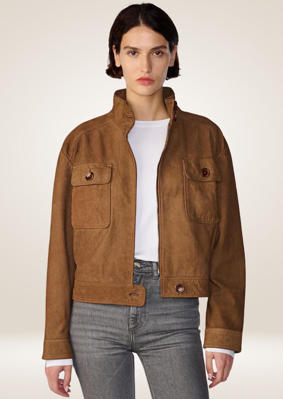 Women’s cognac suede cropped moto jacket with front zipper closure