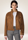 Women’s cognac suede cropped moto jacket with front zipper closure