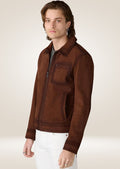 Stylish chestnut suede leather racer jacket for men