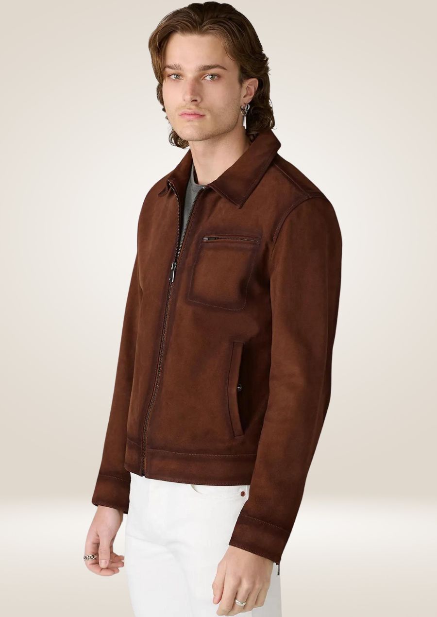 Stylish chestnut suede leather racer jacket for men