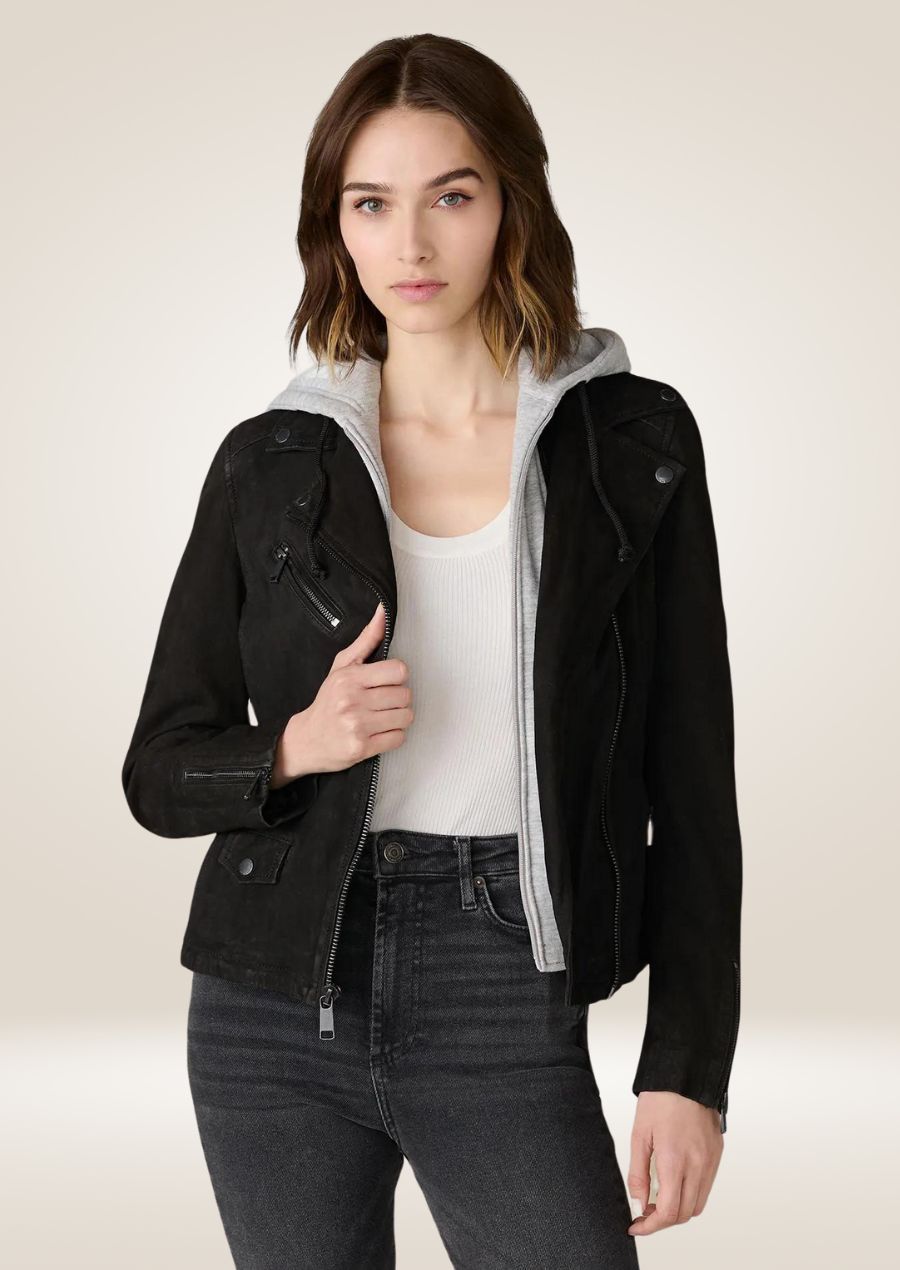 Women’s black suede leather sleek moto jacket with front zipper