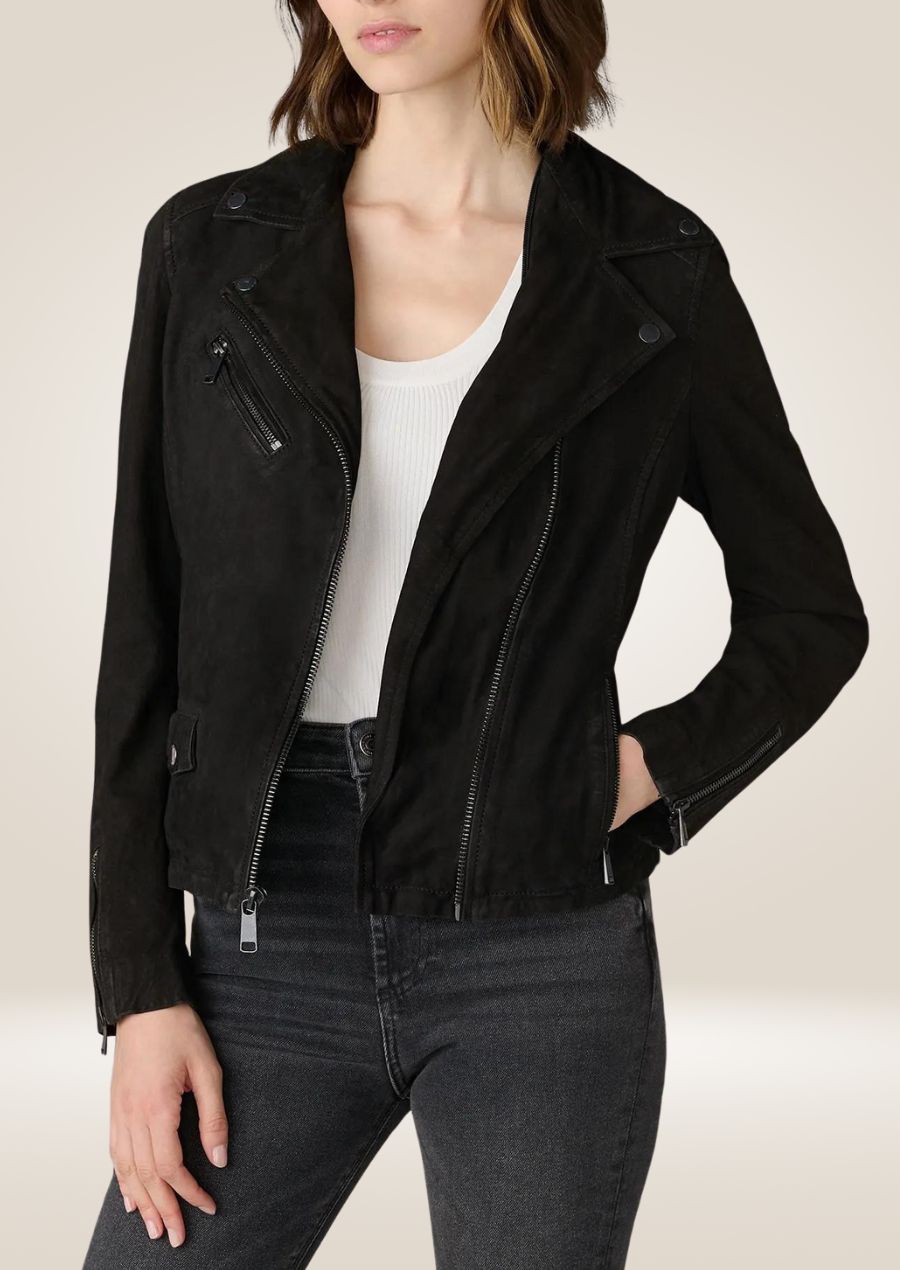 Women’s black suede leather sleek moto jacket with front zipper