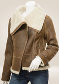 Women's Tan Sheepskin Biker Jacket front