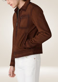 Classic men’s chestnut suede racer jacket with slim-fit design