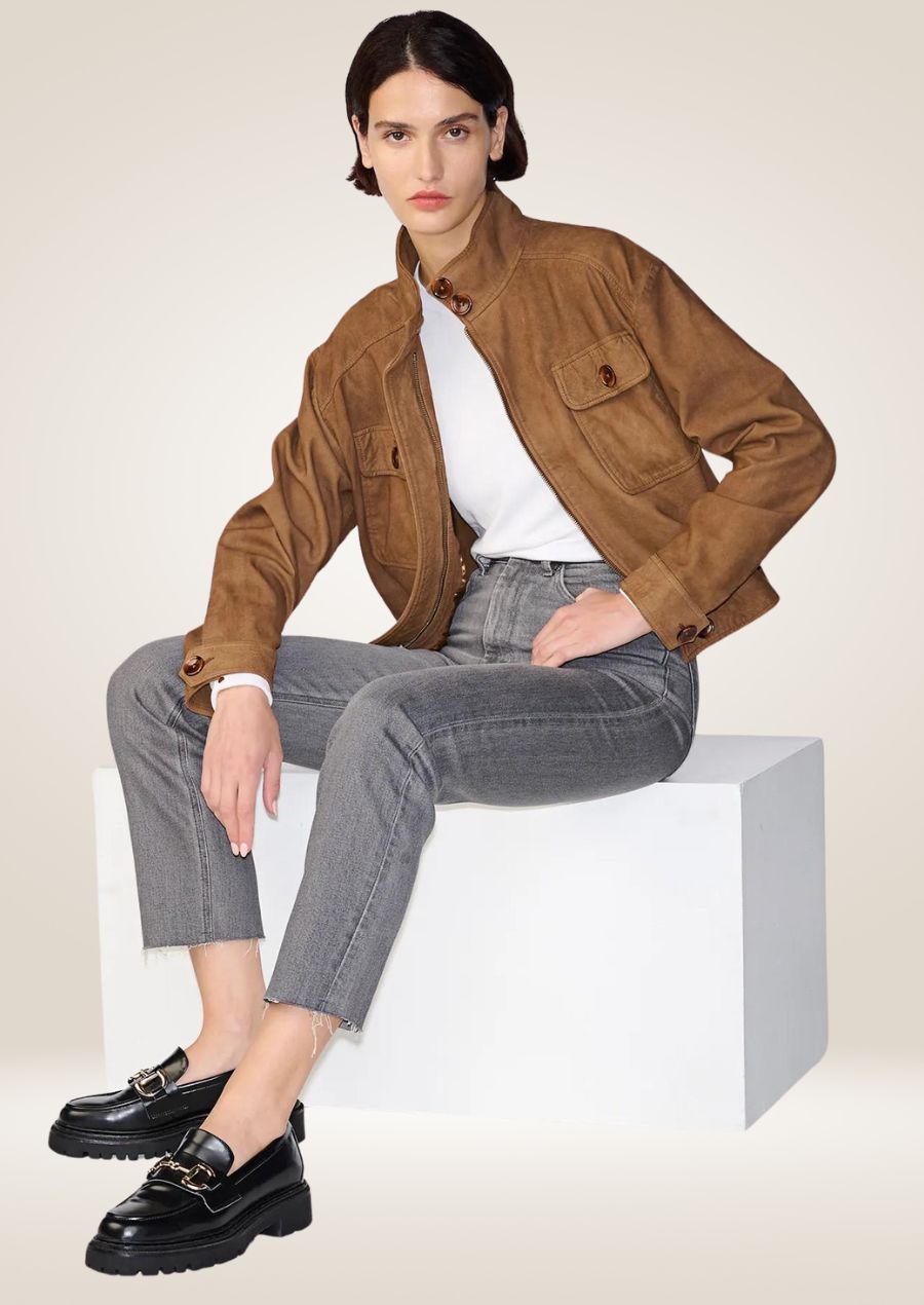 Classic women’s cognac suede biker jacket with zip pockets
