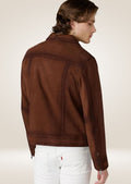 Chestnut suede leather racer jacket with zip pockets for men