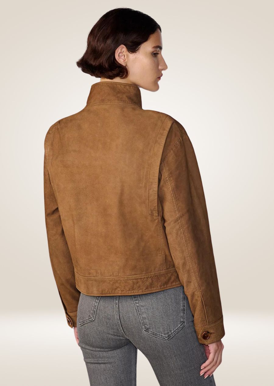 Premium cropped cognac suede moto jacket with slim-fit design