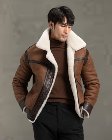 men shearling leather jacket with warm fur lining, perfect for winter protection