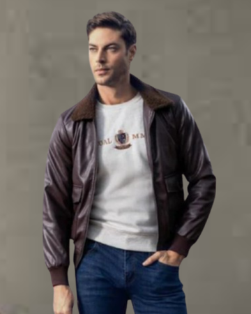 men leather bomber jacket inspired by aviation style with ribbed trims and premium leather