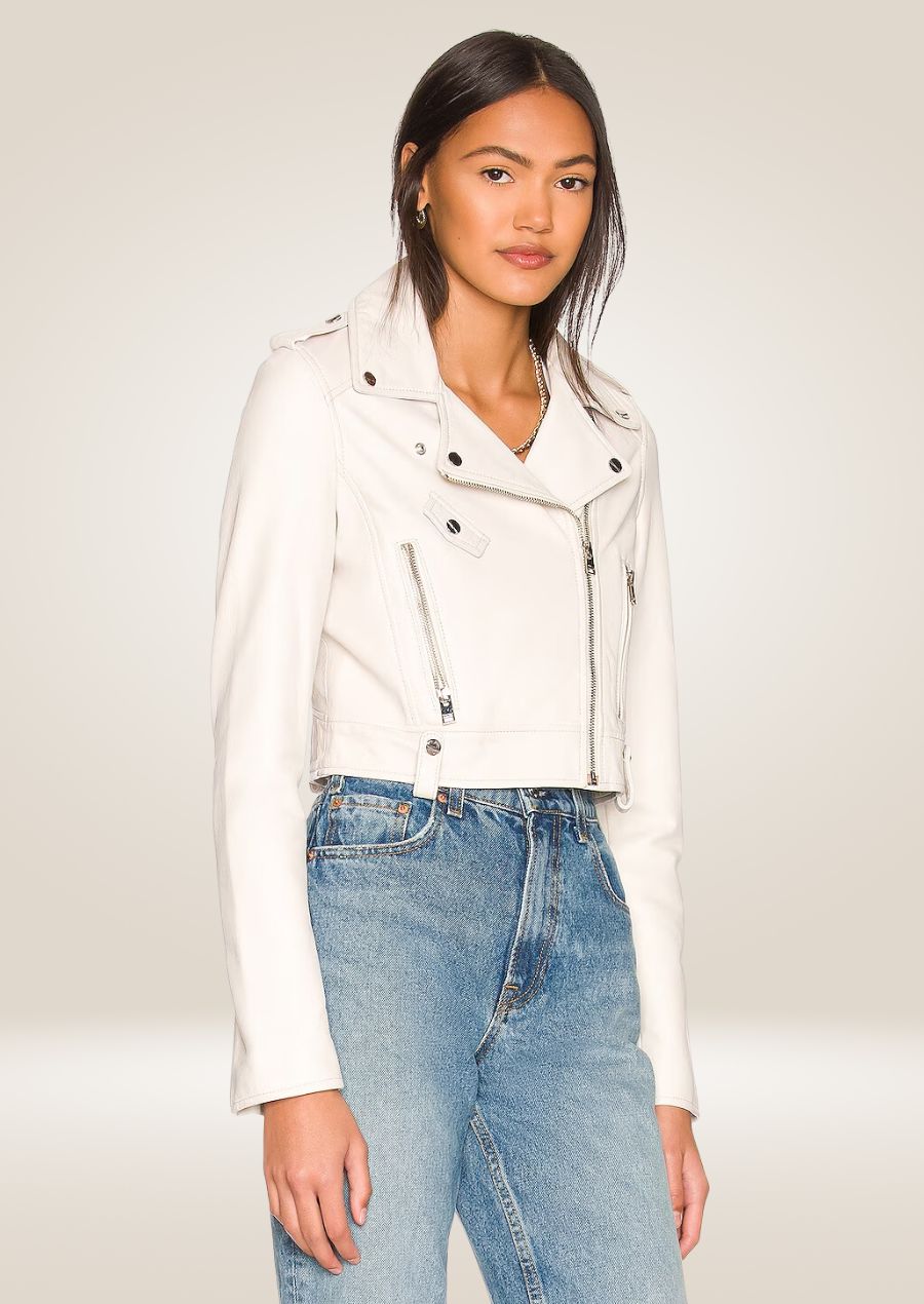 White Moto Biker Leather Jacket for Ladies