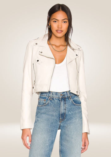 White Moto Biker Leather Jacket for Ladies