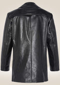 Back view of the black cowhide leather pea coat with a smooth, tailored cut and sharp, clean lines.