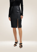 Stylish black A-line pencil skirt crafted from genuine leather with refined stitching