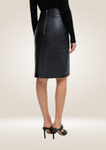 Black leather skirt featuring structured A-line cut and sophisticated pencil-fit blend