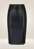 Elegant black leather A-line pencil skirt offering smooth finish and tailored waistline