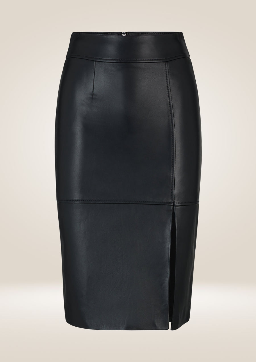 Elegant black leather A-line pencil skirt offering smooth finish and tailored waistline