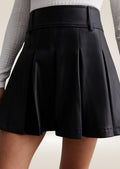 Premium black leather mini skirt crafted from genuine leather with classic short cut