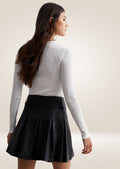 Elegant black leather mini skirt with fitted waistline and structured mini-length design