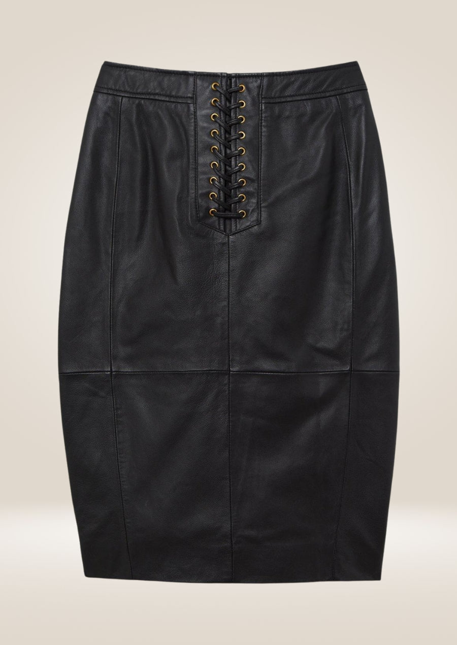 Black leather pencil midi skirt with high waist and sleek body-hugging tailored fit