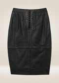 Stylish black leather midi skirt featuring pencil silhouette and smooth polished texture
