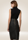 Black leather pencil midi skirt with back slit detail and refined minimalist design