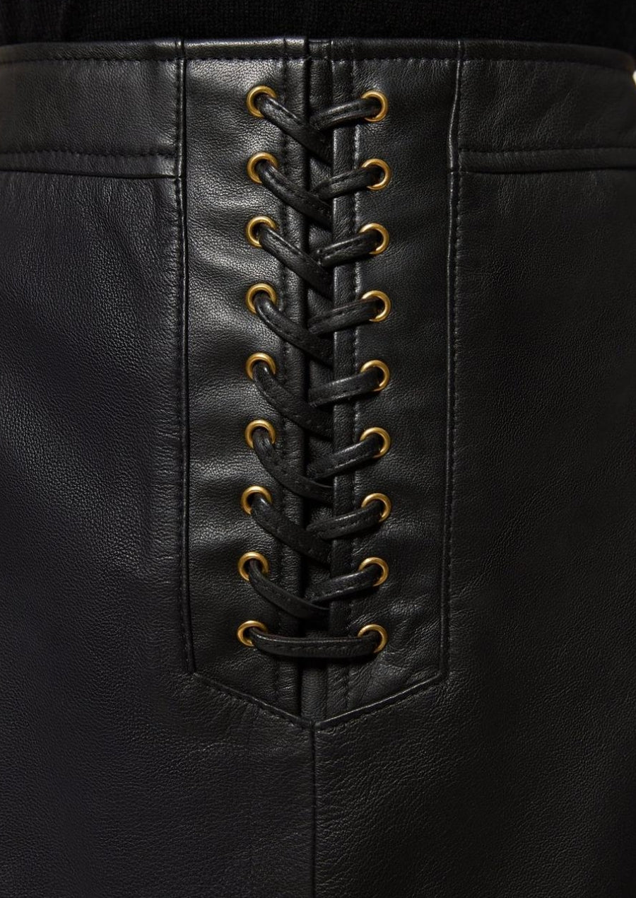 Premium black leather pencil midi skirt offering structured waist and clean stitched lines