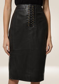 Elegant black leather pencil midi skirt crafted from genuine leather with soft matte finish