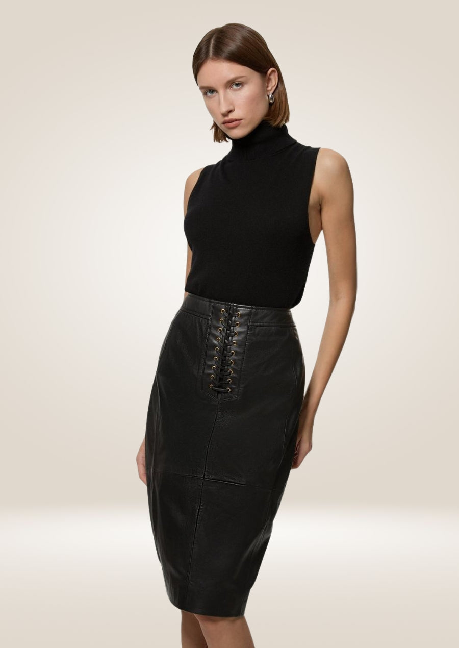 Black leather pencil midi skirt with high waist and sleek body-hugging tailored fit