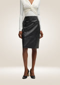 Black leather pencil skirt with sleek slim fit and elegant high-waisted silhouette