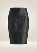 Black fitted leather pencil skirt offering polished finish and versatile modern style
