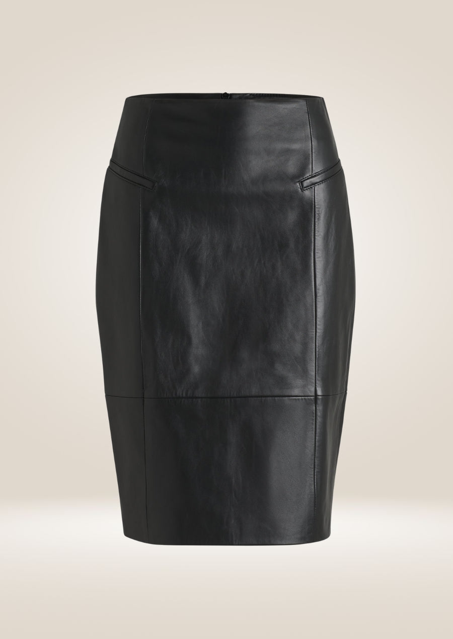 Black fitted leather pencil skirt offering polished finish and versatile modern style