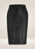 Elegant black leather pencil skirt with fitted waistline and mid-length structured cut
