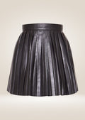 Black leather pleated skater skirt offering structured pleats and feminine flared design