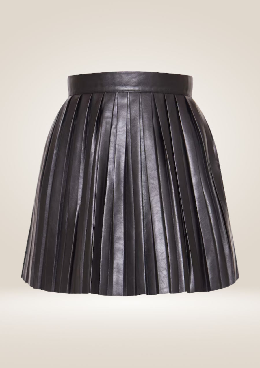 Black leather pleated skater skirt offering structured pleats and feminine flared design