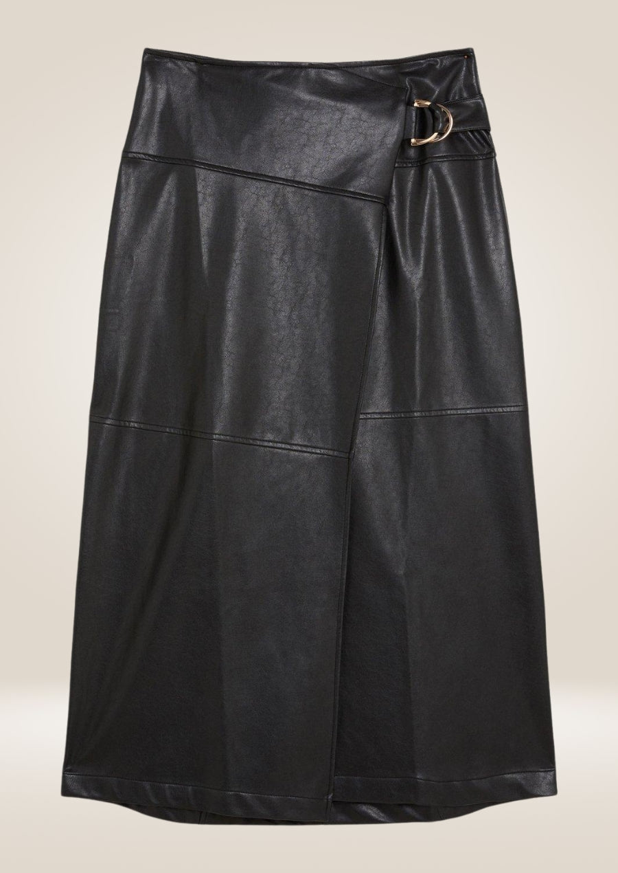 Black Leather Wrap Midi Skirt - Chic Tie-Detail Design