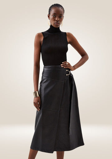 Black Leather Wrap Midi Skirt - Chic Tie-Detail Design