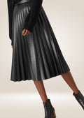 Stylish black leather midi skirt featuring soft texture, fine stitching, and pleated silhouette