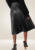 Black pleated leather skirt crafted from premium genuine leather with mid-length design