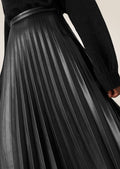Sophisticated black leather midi skirt with high waist and smooth pleated finish