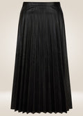 Elegant black pleated leather midi skirt offering classic fit and versatile styling options