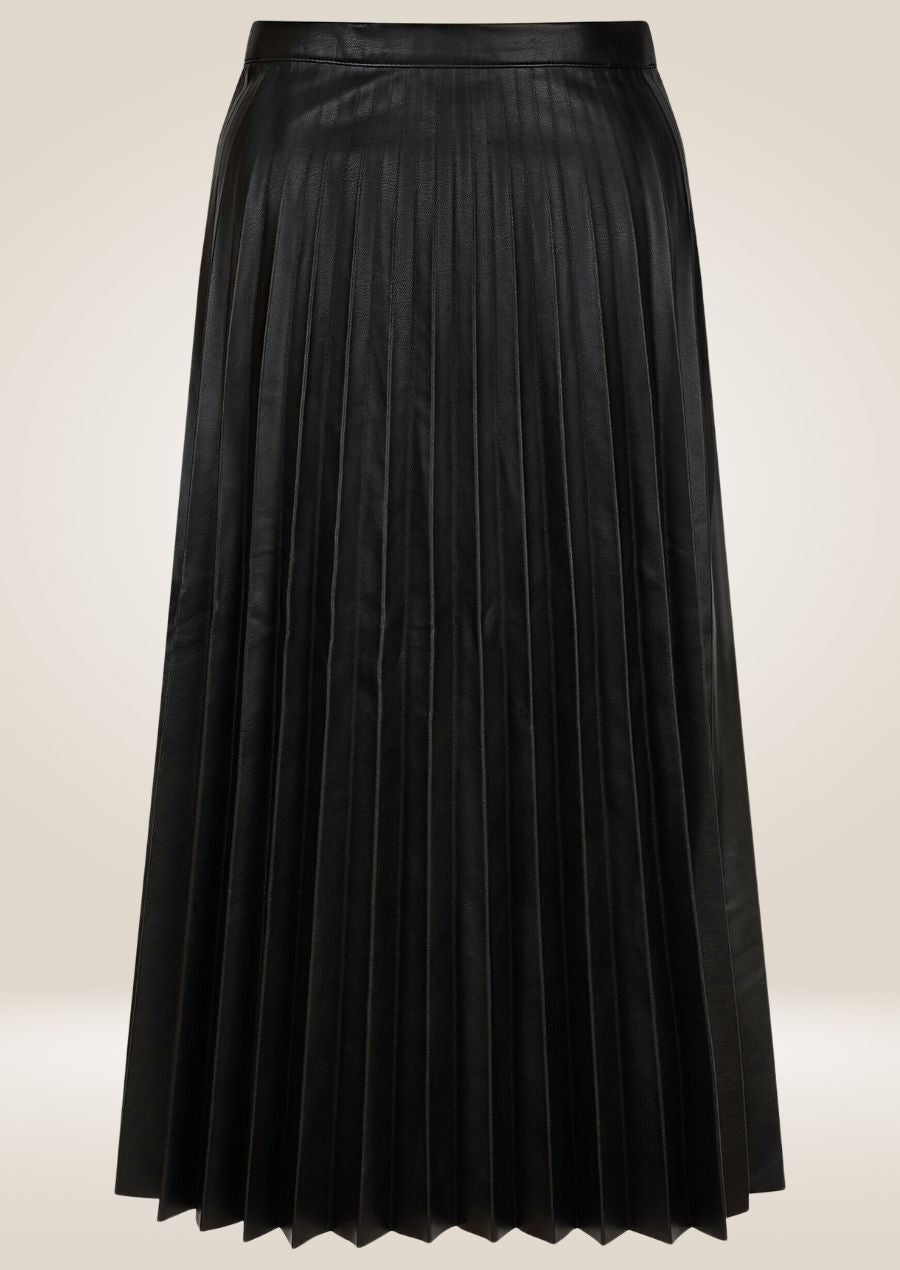 Elegant black pleated leather midi skirt offering classic fit and versatile styling options