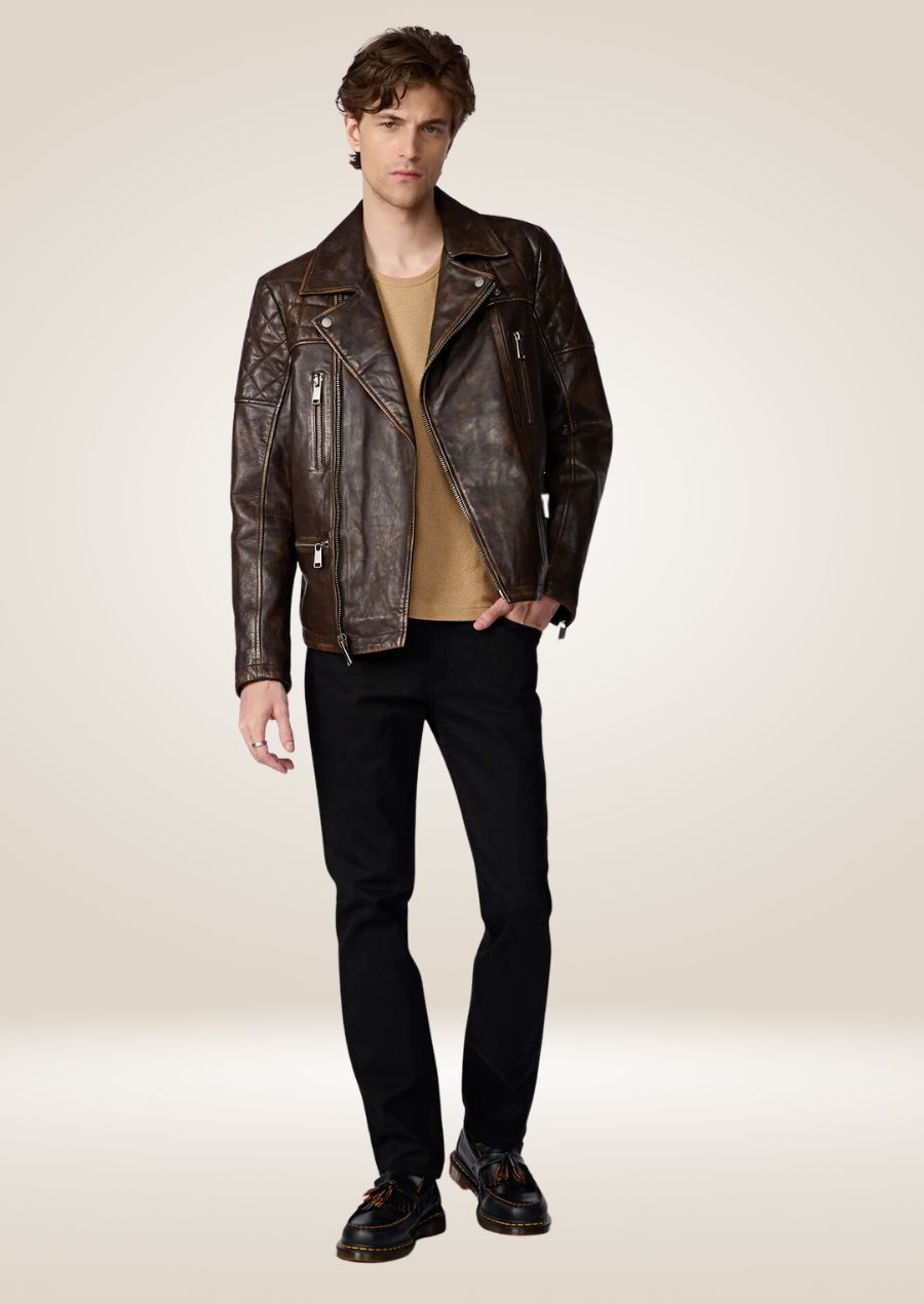 Men’s brown distressed biker jacket with rugged leather finish