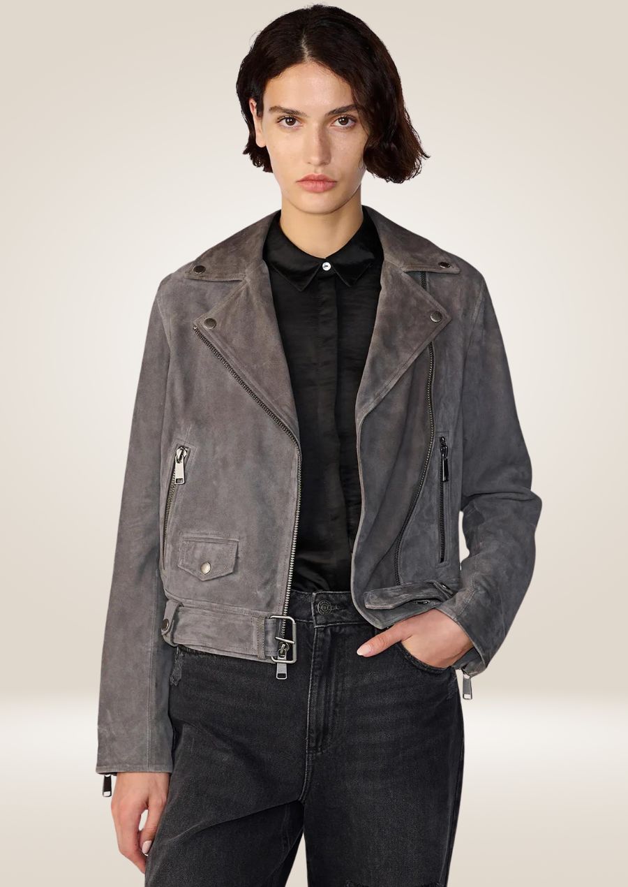 Women’s suede belted moto jacket with front zipper closure
