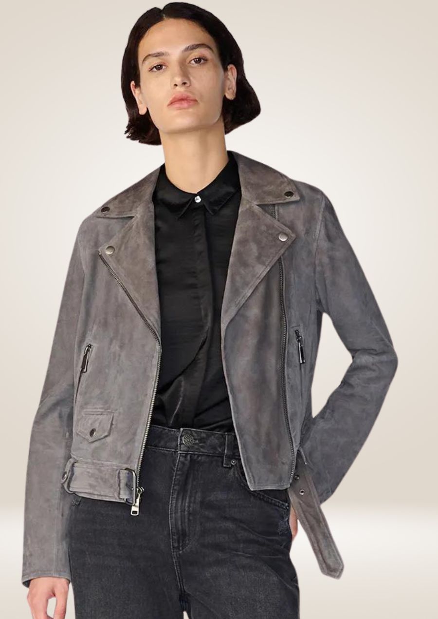 Women’s suede belted moto jacket with front zipper closure
