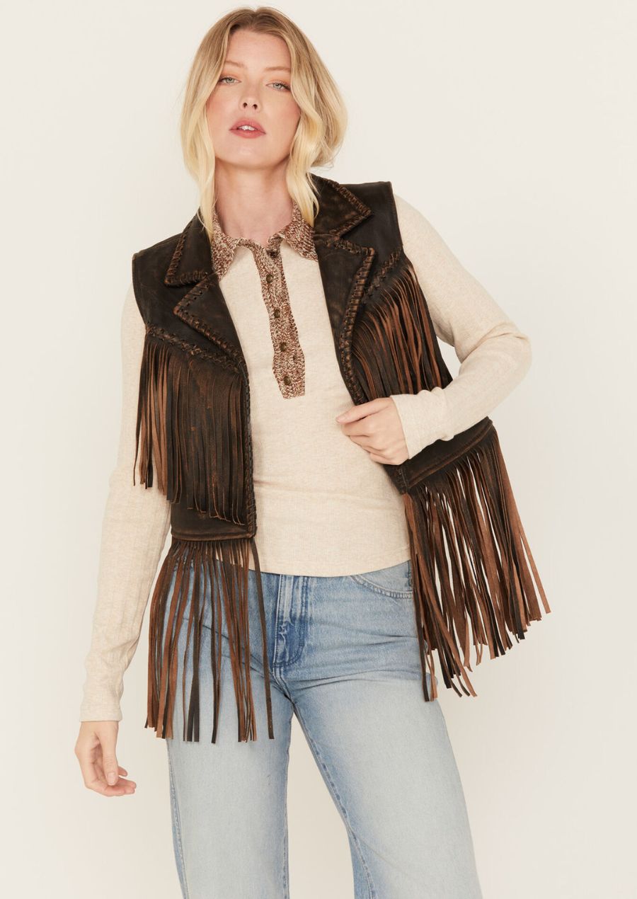 Brown leather fringe moto vest featuring long tassels and classic biker-inspired design
