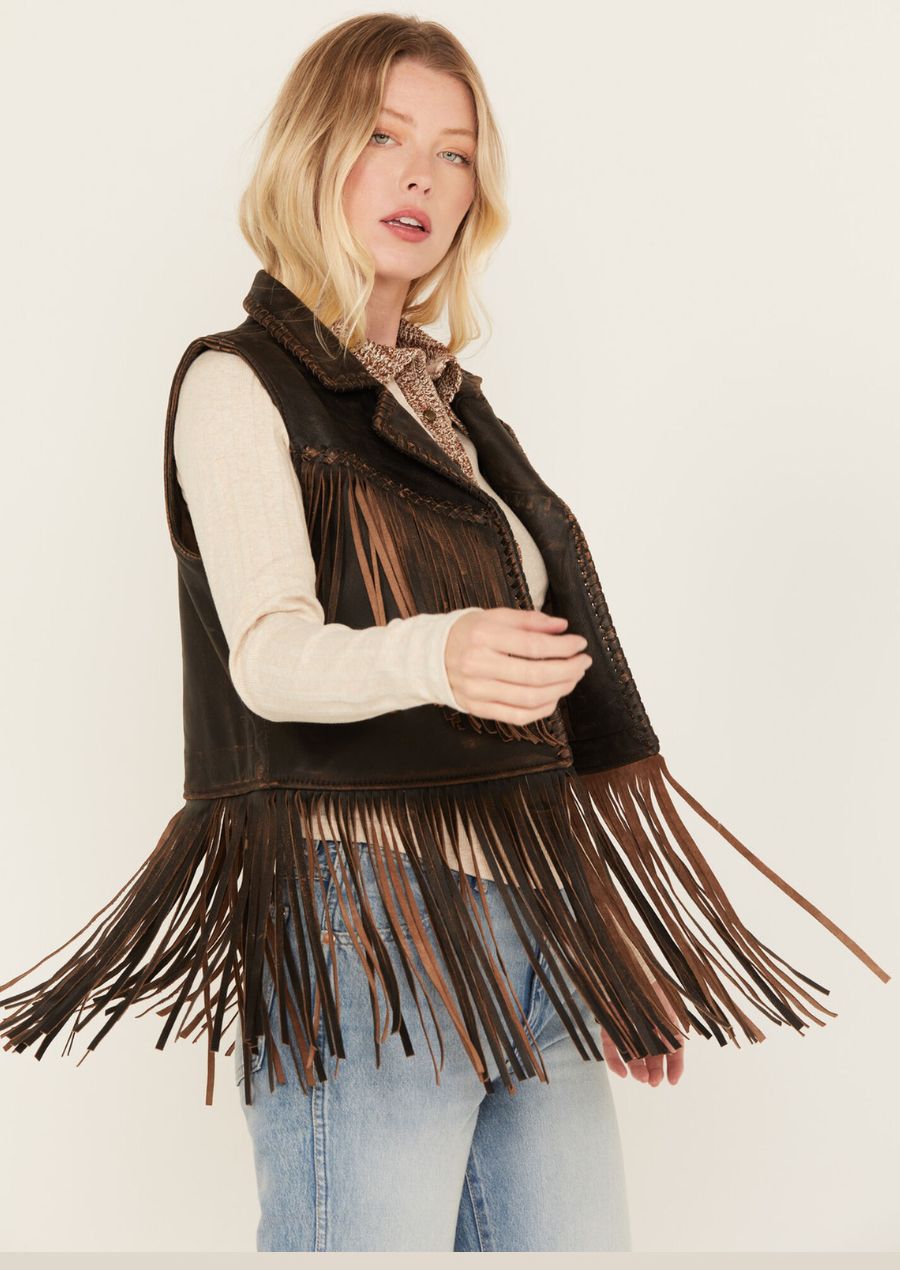 Brown leather fringe moto vest featuring long tassels and classic biker-inspired design