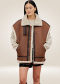 Brown sheepskin shearling aviator leather vest with cozy lining and rugged tailored fit