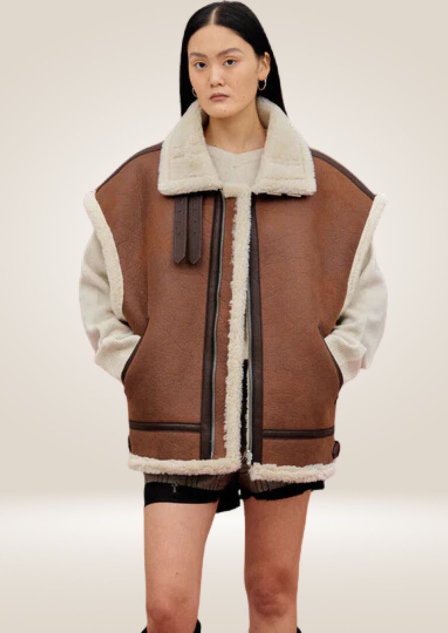 Brown sheepskin shearling aviator leather vest with cozy lining and rugged tailored fit