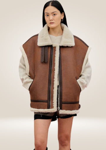 Brown sheepskin shearling aviator leather vest with cozy lining and rugged tailored fit